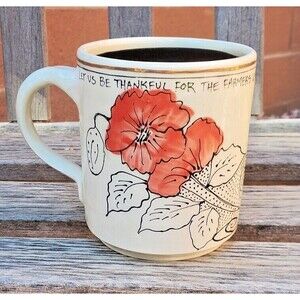 Artables Now & Zen Studio Coffee Mug Tea Let Us Be Thankful Pottery Flowers Gold
